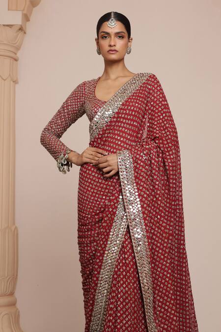 Arpita Mehta Red Georgette Mirrors, Embroidery Scoop Neck Starlet Buti Saree With Blouse Online at Aza Fashions Arpita Mehta_Red Georgette Mirrors, Embroidery Scoop Neck Starlet Buti Saree With Blouse _Online_at_Aza_Fashions
