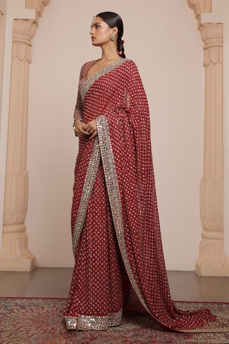 Buy Arpita Mehta Red Georgette Mirrors, Embroidery Scoop Neck Starlet Buti Saree With Blouse Online at Aza Fashions Buy_Arpita Mehta_Red Georgette Mirrors, Embroidery Scoop Neck Starlet Buti Saree With Blouse _Online_at_Aza_Fashions