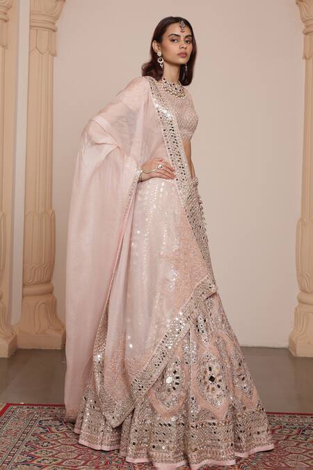 Arpita Mehta_Pink Organza, Net Mirrors, Embroidery High Neck Gul Lehenga Set _Online_at_Aza_Fashions