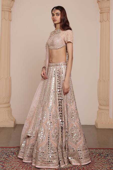 Buy_Arpita Mehta_Pink Organza, Net Mirrors, Embroidery High Neck Gul Lehenga Set _Online_at_Aza_Fashions