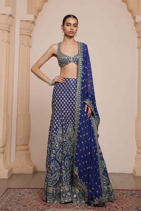 Arpita Mehta Blue Raw Silk Embroidery Mirror Halter Neck Paisley Bloom Lehenga Set 