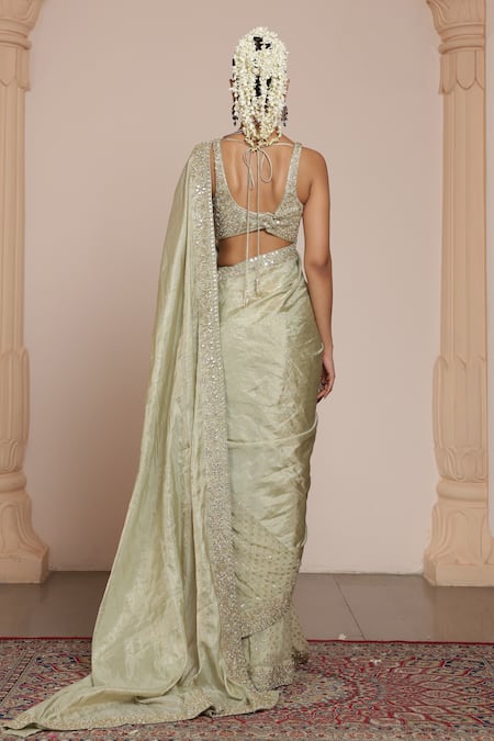 Shop Arpita Mehta Green Net, Tissue, Georgette Mirrors, Phool Border Half Saree With Blouse at Aza Fashions Shop_Arpita Mehta_Green Net, Tissue, Georgette Mirrors, Phool Border Half Saree With Blouse _at_Aza_Fashions