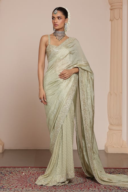 Arpita Mehta Green Net, Tissue, Georgette Mirrors, Phool Border Half Saree With Blouse Online at Aza Fashions Arpita Mehta_Green Net, Tissue, Georgette Mirrors, Phool Border Half Saree With Blouse _Online_at_Aza_Fashions
