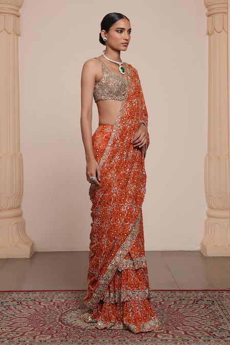 Arpita Mehta Orange Georgette Sequins, Mirrors, Thread Pre-draped Saree With Blouse Online at Aza Fashions Arpita Mehta_Orange Georgette Sequins, Mirrors, Thread Pre-draped Saree With Blouse _Online_at_Aza_Fashions