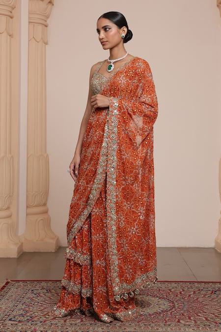 Buy Arpita Mehta Orange Georgette Sequins, Mirrors, Thread Pre-draped Saree With Blouse Online at Aza Fashions Buy_Arpita Mehta_Orange Georgette Sequins, Mirrors, Thread Pre-draped Saree With Blouse _Online_at_Aza_Fashions