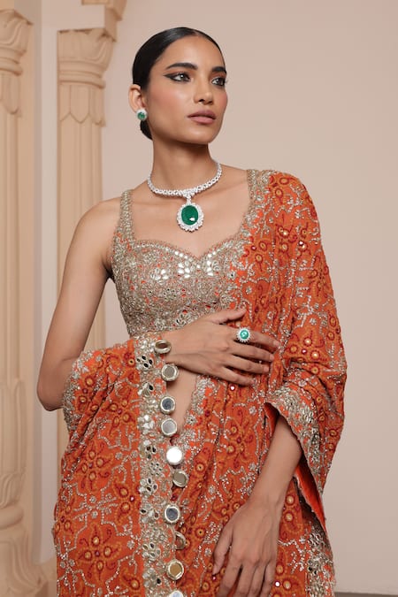 Shop Arpita Mehta Orange Georgette Sequins, Mirrors, Thread Pre-draped Saree With Blouse Online at Aza Fashions Shop_Arpita Mehta_Orange Georgette Sequins, Mirrors, Thread Pre-draped Saree With Blouse _Online_at_Aza_Fashions