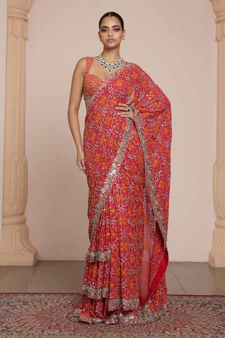 Arpita Mehta Pink Georgette Embroidered Thread Mirror Pre-draped Saree With Blouse 