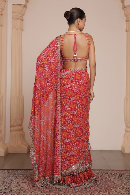 Shop Arpita Mehta Pink Georgette Mirrors, Embroidery Sweetheart Neck Pre-draped Saree With Blouse at Aza Fashions Shop_Arpita Mehta_Pink Georgette Mirrors, Embroidery Sweetheart Neck Pre-draped Saree With Blouse _at_Aza_Fashions