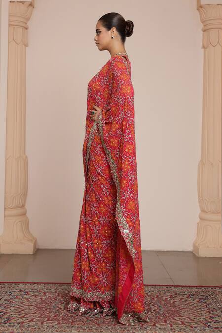 Arpita Mehta Pink Georgette Mirrors, Embroidery Sweetheart Neck Pre-draped Saree With Blouse Online at Aza Fashions Arpita Mehta_Pink Georgette Mirrors, Embroidery Sweetheart Neck Pre-draped Saree With Blouse _Online_at_Aza_Fashions