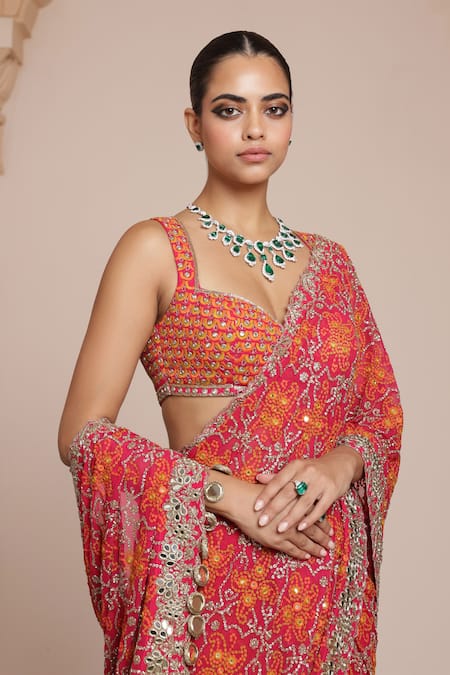 Shop Arpita Mehta Pink Georgette Mirrors, Embroidery Sweetheart Neck Pre-draped Saree With Blouse Online at Aza Fashions Shop_Arpita Mehta_Pink Georgette Mirrors, Embroidery Sweetheart Neck Pre-draped Saree With Blouse _Online_at_Aza_Fashions