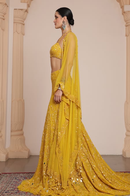 Arpita Mehta_Yellow Net Beads, Mirrors, Embroidery Halter Neck Floral Thread Lehenga Set _Online_at_Aza_Fashions