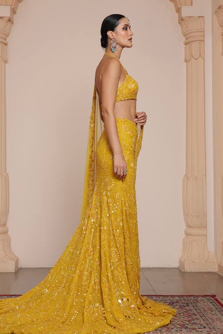 Buy_Arpita Mehta_Yellow Net Beads, Mirrors, Embroidery Halter Neck Floral Thread Lehenga Set _Online_at_Aza_Fashions