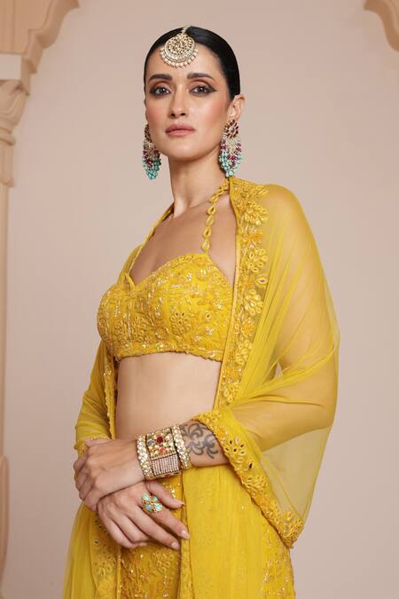 Shop_Arpita Mehta_Yellow Net Beads, Mirrors, Embroidery Halter Neck Floral Thread Lehenga Set _Online_at_Aza_Fashions