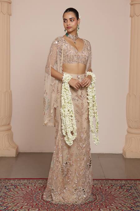Arpita Mehta_Beige Net Mirrors, Beads, Embroidery V-neck Floral Lehenga Set With Cape _Online_at_Aza_Fashions