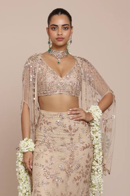 Buy_Arpita Mehta_Beige Net Mirrors, Beads, Embroidery V-neck Floral Lehenga Set With Cape _Online_at_Aza_Fashions