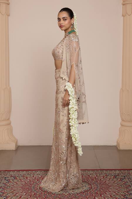 Shop_Arpita Mehta_Beige Net Mirrors, Beads, Embroidery V-neck Floral Lehenga Set With Cape _Online_at_Aza_Fashions