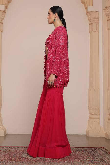 Arpita Mehta_Pink Net, Georgette Mirrors, Beads Open Neck, Embroidered Jacket And Gharara Set _Online_at_Aza_Fashions