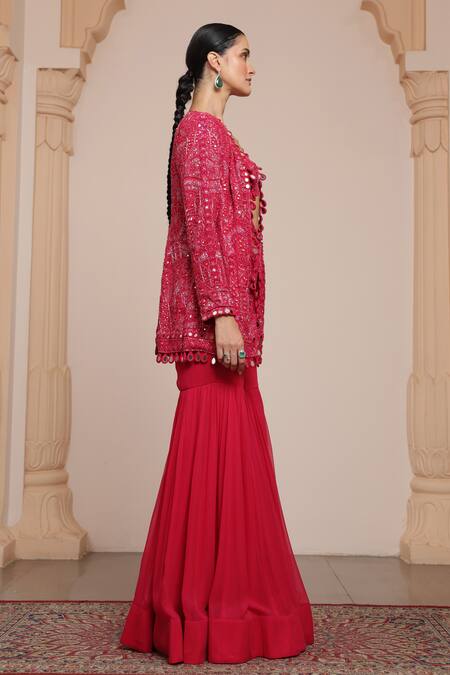 Buy_Arpita Mehta_Pink Net, Georgette Mirrors, Beads Open Neck, Embroidered Jacket And Gharara Set _Online_at_Aza_Fashions