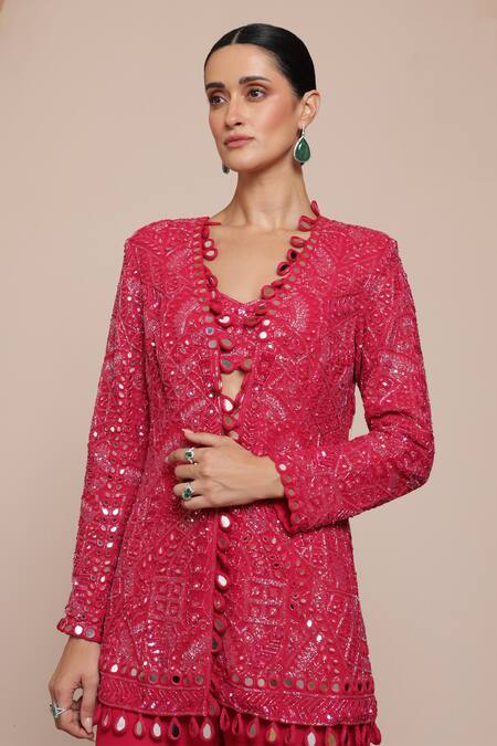 Shop_Arpita Mehta_Pink Net, Georgette Mirrors, Beads Open Neck, Embroidered Jacket And Gharara Set _Online_at_Aza_Fashions
