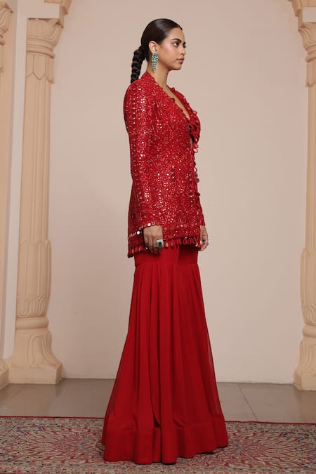 Arpita Mehta_Red Net, Georgette Mirrors, Beads, Embroidery Round Work Jacket And Gharara Set _Online_at_Aza_Fashions
