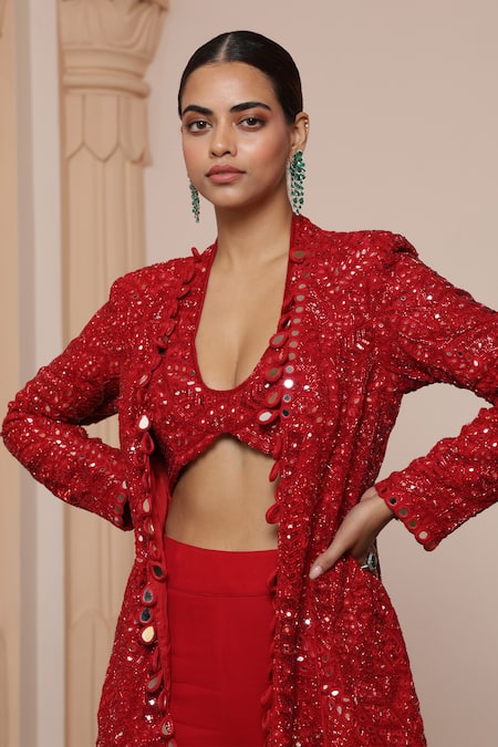 Buy_Arpita Mehta_Red Net, Georgette Mirrors, Beads, Embroidery Round Work Jacket And Gharara Set _Online_at_Aza_Fashions
