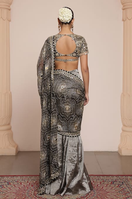 Shop Arpita Mehta Black Net, Tissue Mirrors, Beads Floral Embroidered Pre-draped Saree With Blouse at Aza Fashions Shop_Arpita Mehta_Black Net, Tissue Mirrors, Beads Floral Embroidered Pre-draped Saree With Blouse _at_Aza_Fashions