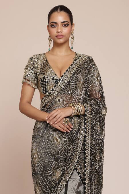 Arpita Mehta Black Net, Tissue Mirrors, Beads Floral Embroidered Pre-draped Saree With Blouse Online at Aza Fashions Arpita Mehta_Black Net, Tissue Mirrors, Beads Floral Embroidered Pre-draped Saree With Blouse _Online_at_Aza_Fashions