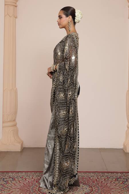 Buy Arpita Mehta Black Net, Tissue Mirrors, Beads Floral Embroidered Pre-draped Saree With Blouse Online at Aza Fashions Buy_Arpita Mehta_Black Net, Tissue Mirrors, Beads Floral Embroidered Pre-draped Saree With Blouse _Online_at_Aza_Fashions