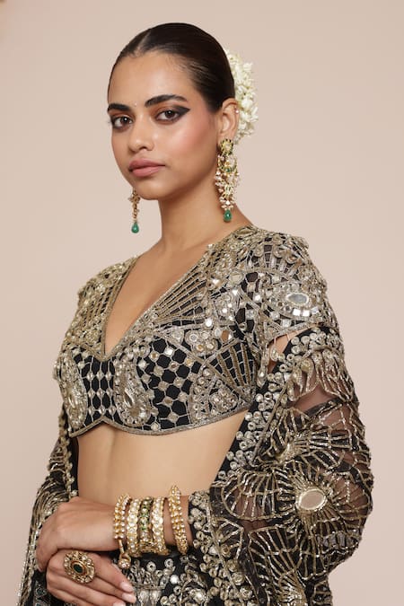Arpita Mehta Black Tissue, Georgette Mirrors, Embroidery Paisley Jacket With Lehenga Set Online at Aza Fashions Arpita Mehta_Black Tissue, Georgette Mirrors, Embroidery Paisley Jacket With Lehenga Set _Online_at_Aza_Fashions