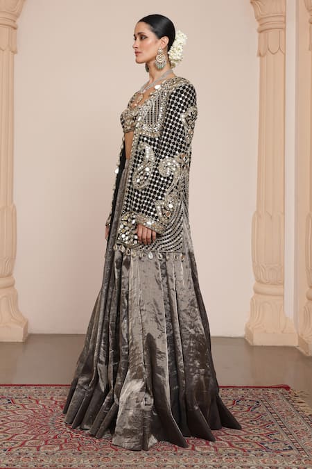Shop Arpita Mehta Black Tissue, Georgette Mirrors, Embroidery Paisley Jacket With Lehenga Set Online at Aza Fashions Shop_Arpita Mehta_Black Tissue, Georgette Mirrors, Embroidery Paisley Jacket With Lehenga Set _Online_at_Aza_Fashions