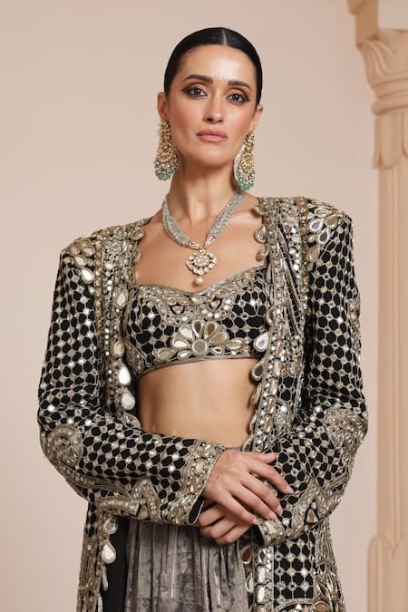 Buy Arpita Mehta Black Tissue, Georgette Mirrors, Embroidery Paisley Jacket With Lehenga Set Buy_Arpita Mehta_Black Tissue, Georgette Mirrors, Embroidery Paisley Jacket With Lehenga Set