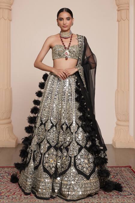 Arpita Mehta_Black Organza, Net Mirrors, Beads, Embroidery Geometric Bridal Lehenga Set _Online_at_Aza_Fashions