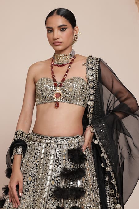 Shop_Arpita Mehta_Black Organza, Net Mirrors, Beads, Embroidery Geometric Bridal Lehenga Set _Online_at_Aza_Fashions