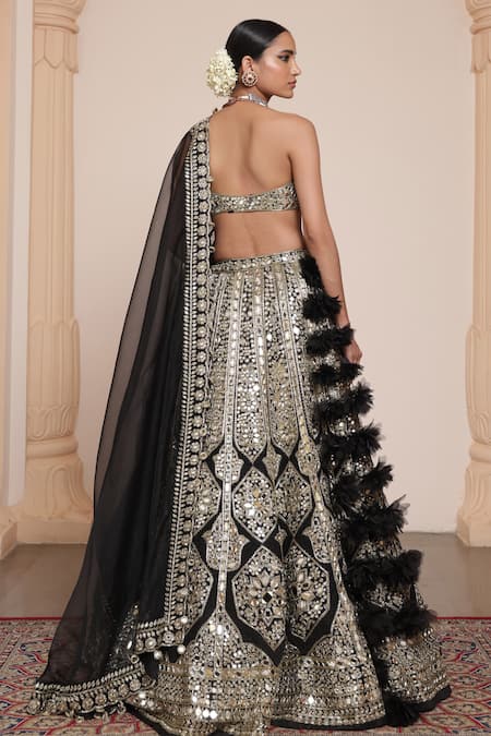 Buy_Arpita Mehta_Black Organza, Net Mirrors, Beads, Embroidery Geometric Bridal Lehenga Set 