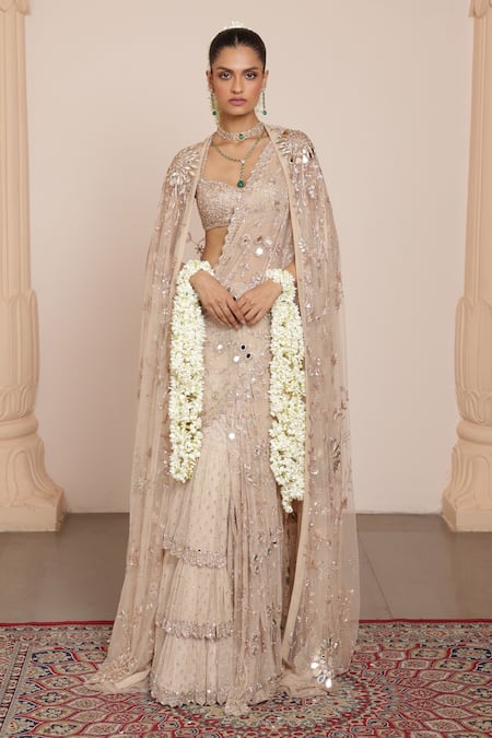 Arpita Mehta Mirror Embroidered Cape & Pre-Draped Saree Set 