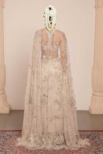 Shop Arpita Mehta Ivory Net Mirrors, Embroidery Sweetheart Neck Cape And Pre-draped Saree Set at Aza Fashions Shop_Arpita Mehta_Ivory Net Mirrors, Embroidery Sweetheart Neck Cape And Pre-draped Saree Set _at_Aza_Fashions