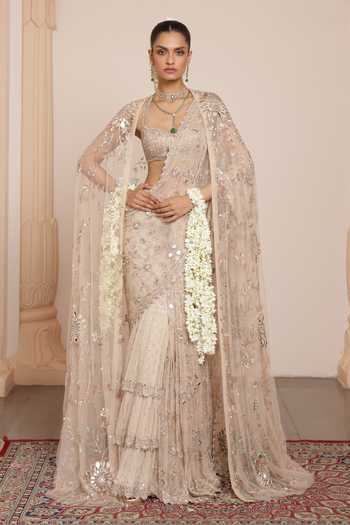Shop Arpita Mehta Ivory Net Mirrors, Embroidery Sweetheart Neck Cape And Pre-draped Saree Set Online at Aza Fashions Shop_Arpita Mehta_Ivory Net Mirrors, Embroidery Sweetheart Neck Cape And Pre-draped Saree Set _Online_at_Aza_Fashions