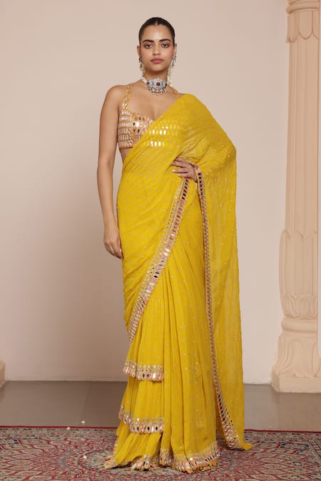 Arpita Mehta Yellow Georgette Embroidery Mirror Sweetheart Border Ruffle Saree With Blouse 