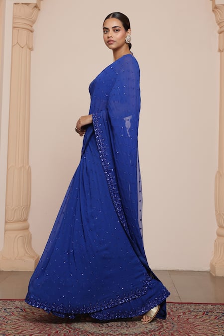 Arpita Mehta_Blue Georgette, Net Mirrors, Embroidery Thread Ruffle Saree With Blouse _Online_at_Aza_Fashions