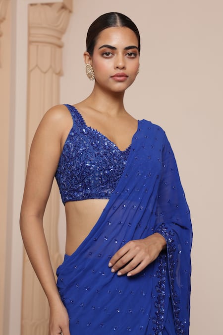 Shop_Arpita Mehta_Blue Georgette, Net Mirrors, Embroidery Thread Ruffle Saree With Blouse _Online_at_Aza_Fashions