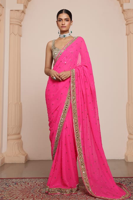 Arpita Mehta Pink Saree Georgette Embroidery Zardozi Scoop Neck With Blouse 