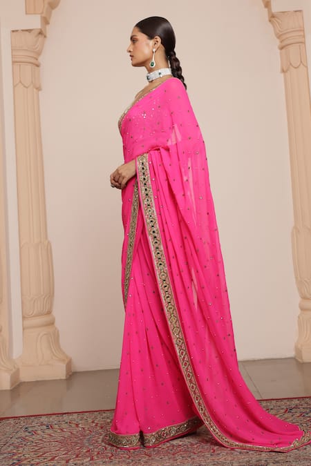 Arpita Mehta_Pink Cotton Satin, Georgette Zari, Mirrors, Zardozi Saree With Blouse _Online_at_Aza_Fashions