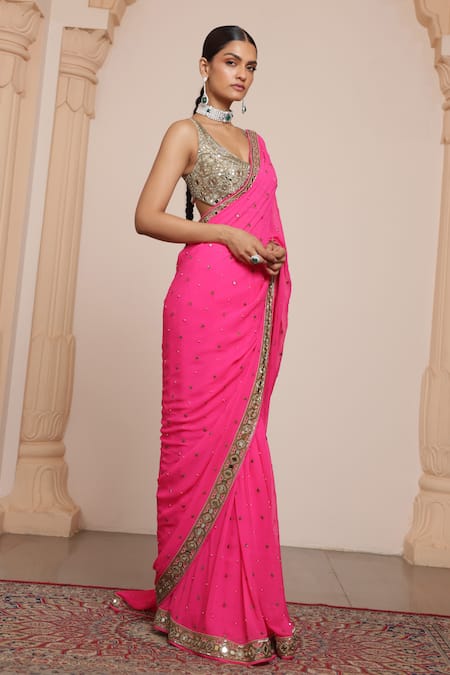 Buy_Arpita Mehta_Pink Cotton Satin, Georgette Zari, Mirrors, Zardozi Saree With Blouse _Online_at_Aza_Fashions
