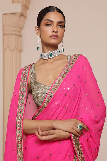 Shop_Arpita Mehta_Pink Cotton Satin, Georgette Zari, Mirrors, Zardozi Saree With Blouse _Online_at_Aza_Fashions