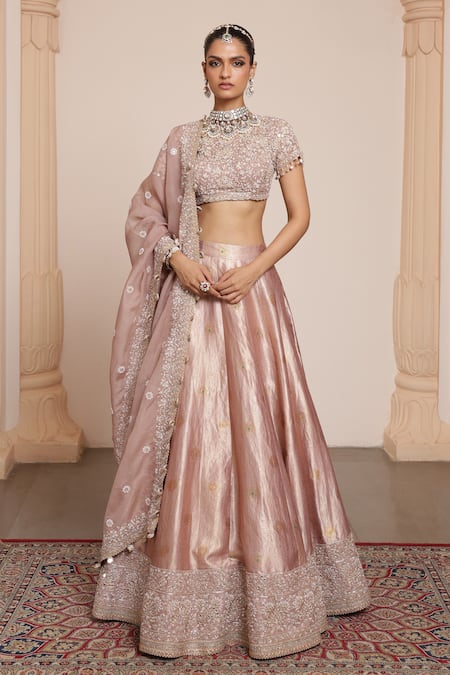 Arpita Mehta Pink Lehenga Banarasi Embroidery Zardozi Round Floral Border Set 