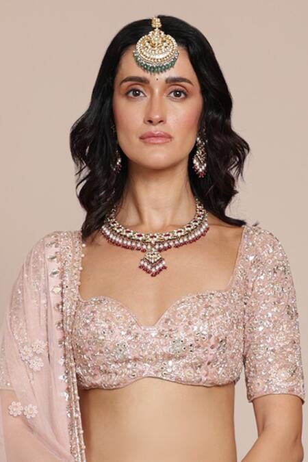 Arpita Mehta_Pink Net Embroidery, Zari, Mirrors Sweetheart Neck Bridal Lehenga Set _Online_at_Aza_Fashions