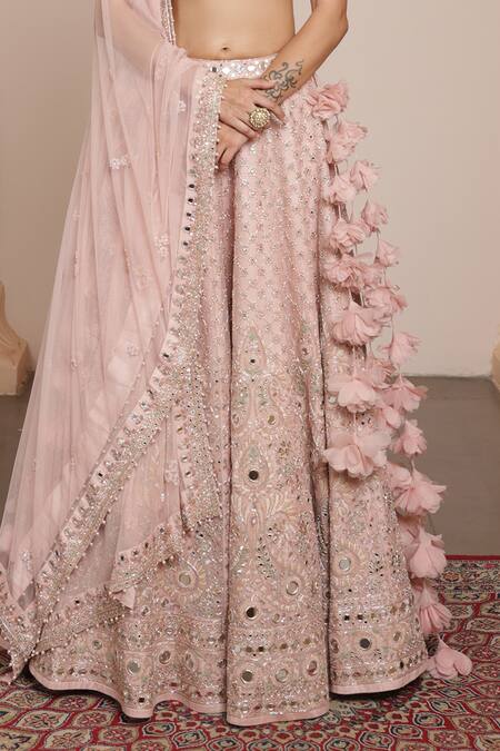 Buy_Arpita Mehta_Pink Net Embroidery, Zari, Mirrors Sweetheart Neck Bridal Lehenga Set _Online_at_Aza_Fashions