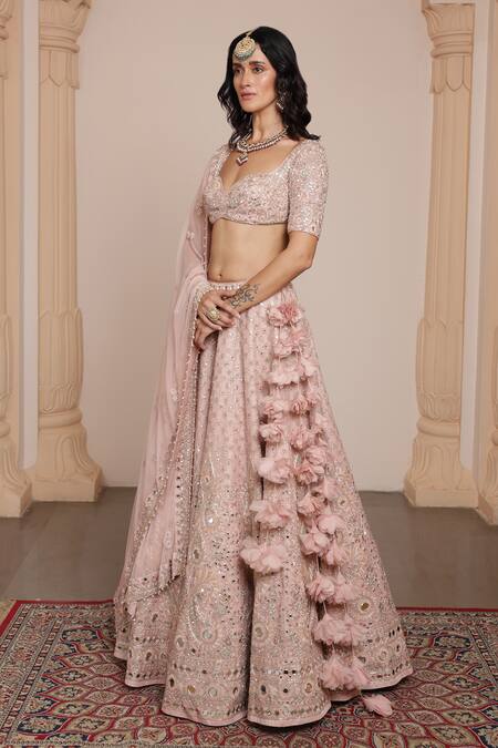 Shop_Arpita Mehta_Pink Net Embroidery, Zari, Mirrors Sweetheart Neck Bridal Lehenga Set _Online_at_Aza_Fashions