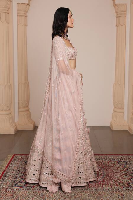 Arpita Mehta_Pink Net Embroidery, Zari, Mirrors Sweetheart Neck Bridal Lehenga Set _at_Aza_Fashions