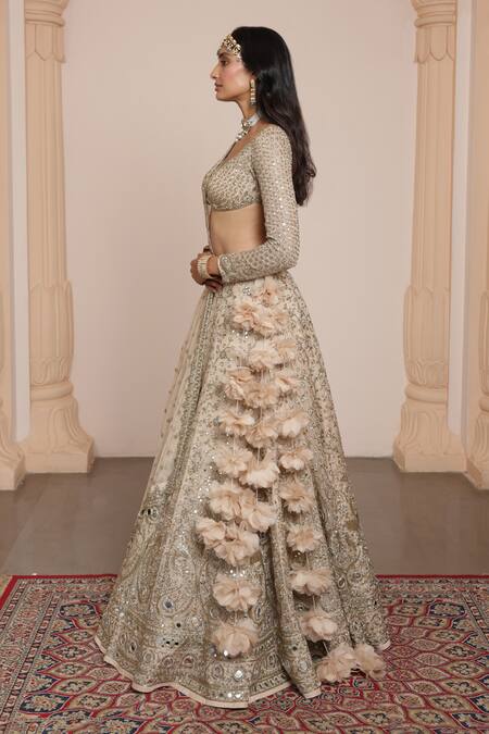 Arpita Mehta_Gold Net, Organza Embroidery, Zari, Mirrors Plunge Paisley Bridal Lehenga Set _Online_at_Aza_Fashions